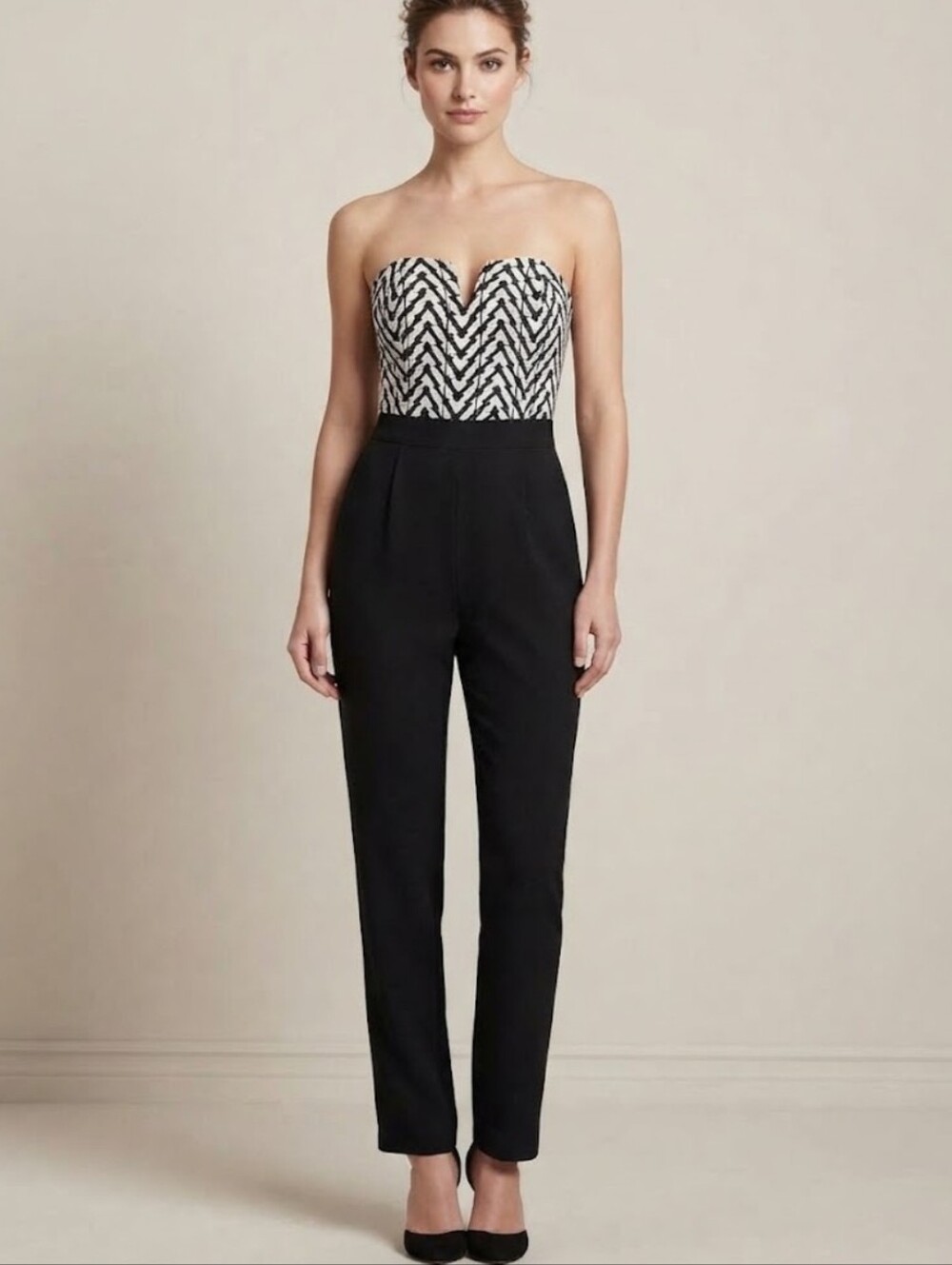 Love Song Black & White Geometric Strapless Jumpsuit Size L (Small/Medium Fit)